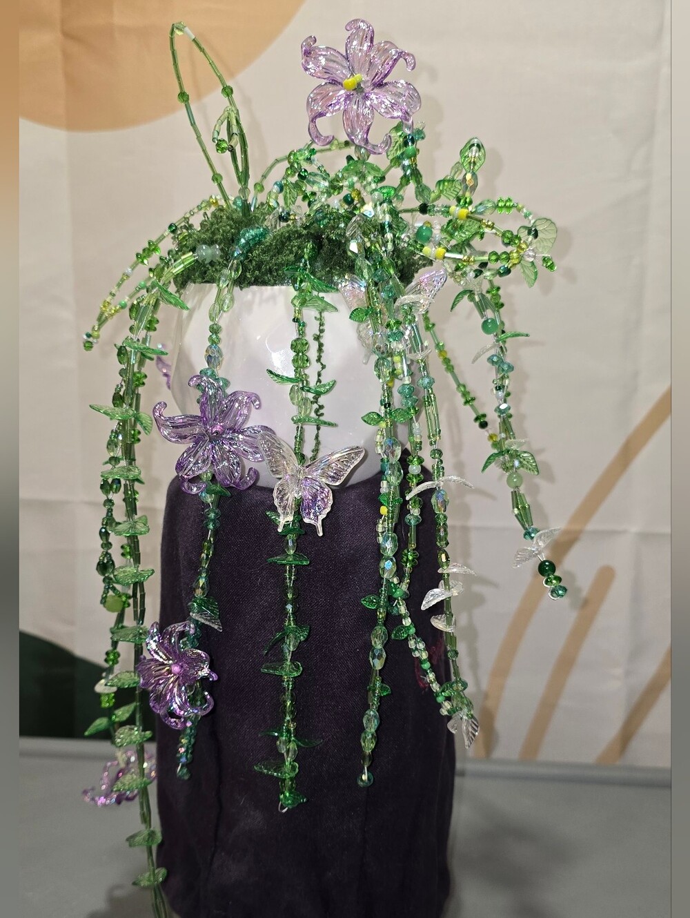 Handmade Glass Bead Floral Hanging Accent - Green and Purple